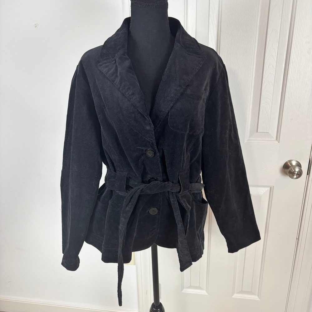 Buttons Black Corduroy Belted Safari Jacket Plus Size 1X Ramie Cotton Blend